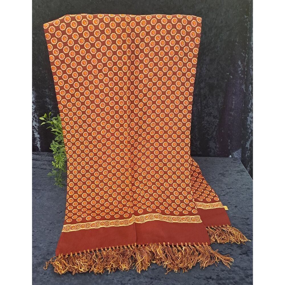 Vintage 100% Silk Fringed Deep Red Scarf 46in x 12in Kente Pattern